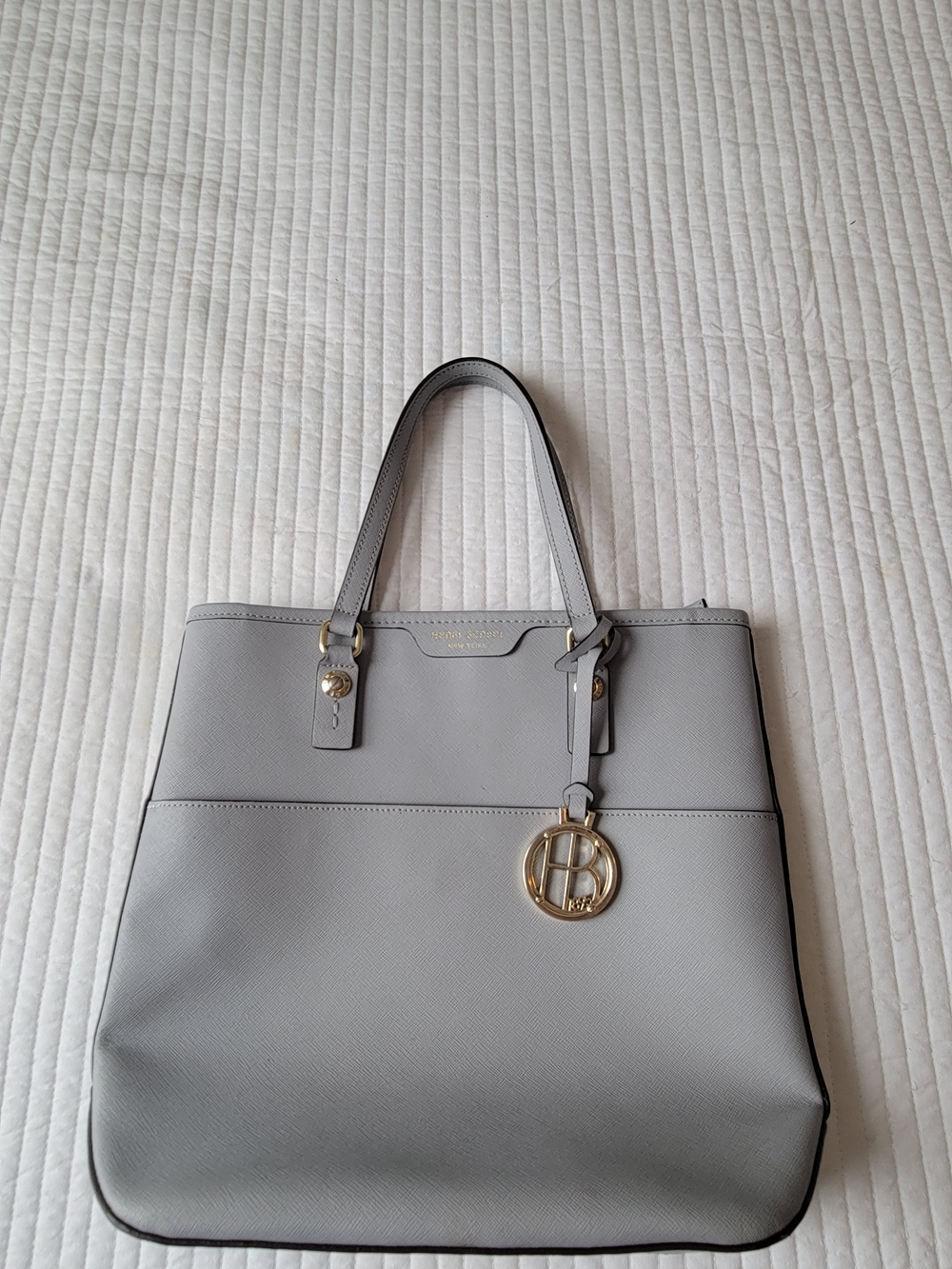 Henri Bendel Gray Leather Tote Bag with Gold Charm